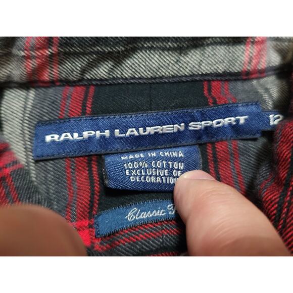 Ralph Lauren Sport Shirt Womens 12 Red Plaid Embroider Crest Flannel Classic Fit - Picture 3 of 11